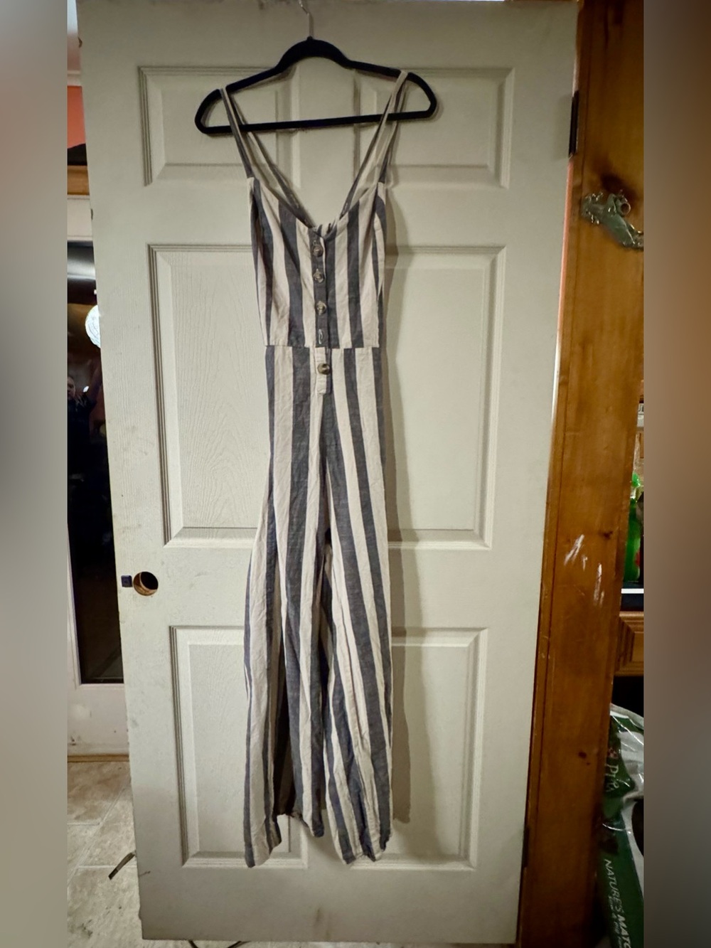Blue & White Striped Wide Leg Jumpsuit | Tie Back | Size S